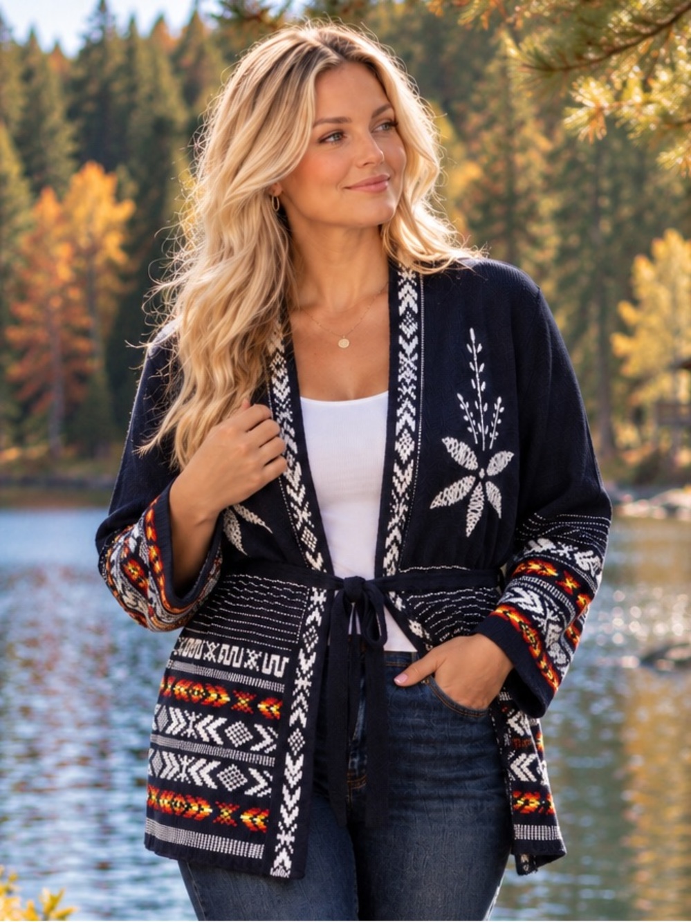 Navy Southwestern Aztec Open Front Belted Cardigan Sweater Nordic Fair Isle